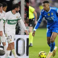 Jugadores del Elche celebran un gol. A la derecha, un jugador del Real Madrid con el balón.