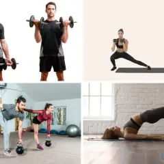 Hombres y mujeres realizando entrenamiento físico con pesas, mancuernas y kettlebells. Ejercicios de fuerza y equilibrio.