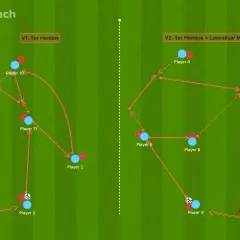 Diagrama de una rueda de pases futbol con dos variantes. Jugadores y flechas indican movimientos y pases.
