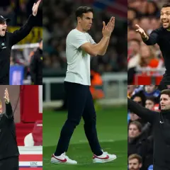 Cinco entrenadores de fútbol, considerados entre los mejores entrenadores actuales, dirigen desde la banda con gestos enérgicos.