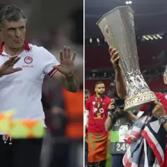 Mendilibar celebra la Europa League con el trofeo. El entrenador, con su equipo, levanta el trofeo de la Europa League.