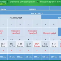 Planificación de macrociclos de entrenamiento: enero a marzo, con fases de preparación general, específica y mantenimiento.