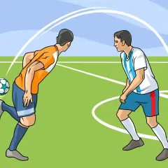 Dos jugadores de fútbol en un campo verde. Uno patea el balón, el otro se prepara para recibirlo. Una guía visual muestra cómo aprender a jugar al fútbol.