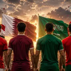 Jugadores de futbol árabe, con las banderas de Egipto, Qatar, Arabia Saudita y Marruecos ondeando al atardecer en un estadio lleno.