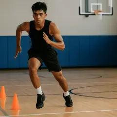 Joven atleta realiza ejercicios de agilidad en cancha de baloncesto, preparándose para la temporada con estiramientos y conos.