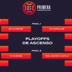 Cuadro de playoffs de ascenso de equipos de tercera división de España. Muestra los enfrentamientos entre Real Sociedad B, AD Alcorcón, CD Eldense, RC Deportivo, CD Castellón, FC Barcelona Atlètic y Real Madrid Castilla.