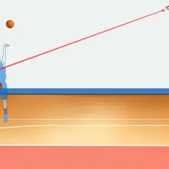 Jugador lanza un triple de baloncesto. La línea roja muestra la trayectoria del balón hacia la canasta.