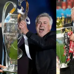 Pep Guardiola, Carlo Ancelotti y Alex Ferguson, tres de los **títulos entrenadores** más laureados del fútbol, celebran sus trofeos.