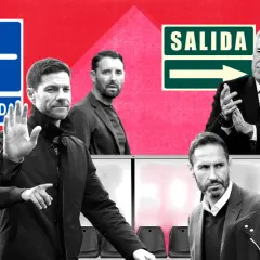 Varios entrenadores actuales, como Xabi Alonso y Carlo Ancelotti, aparecen en esta composición gráfica con señales de entrada y salida.