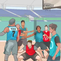 Jugadores en un partido de baloncesto, con uno sosteniendo el balón y otros defendiendo.