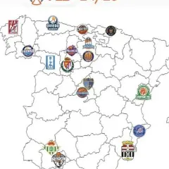 Mapa de España con logos de equipos de la liga LEB Oro, mostrando sus ubicaciones geográficas.