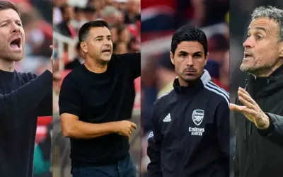 Cuatro entrenadores españoles en el extranjero: Xabi Alonso, Julen Lopetegui, Mikel Arteta y Luis Enrique, dirigiendo a sus equipos.