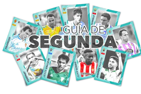 Jugadores de **Spanish football teams** en cartas coleccionables, con el título "Guía de Segunda".