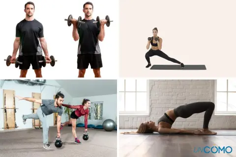 Hombres y mujeres realizando entrenamiento físico con pesas, mancuernas y kettlebells. Ejercicios de fuerza y equilibrio.