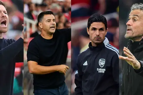 Cuatro entrenadores españoles en el extranjero: Xabi Alonso, Julen Lopetegui, Mikel Arteta y Luis Enrique, dirigiendo a sus equipos.