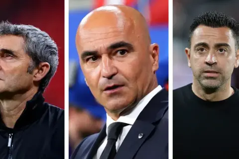 Tres entrenadores sin equipo: Valverde, Roberto Martínez y Xavi Hernández, con miradas pensativas.