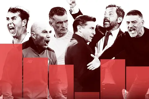 Varios entrenadores del Sevilla FC, con expresiones intensas y gestos apasionados, capturan la emoción del fútbol.