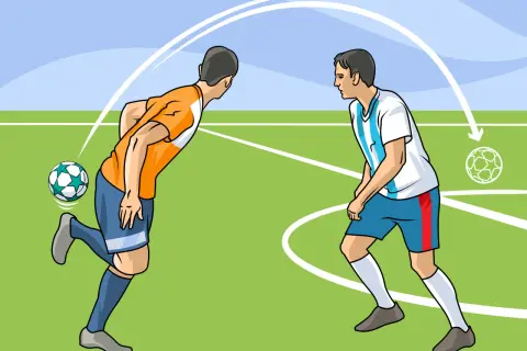Dos jugadores de fútbol en un campo verde. Uno patea el balón, el otro se prepara para recibirlo. Una guía visual muestra cómo aprender a jugar al fútbol.