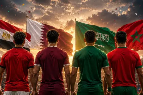 Jugadores de futbol árabe, con las banderas de Egipto, Qatar, Arabia Saudita y Marruecos ondeando al atardecer en un estadio lleno.