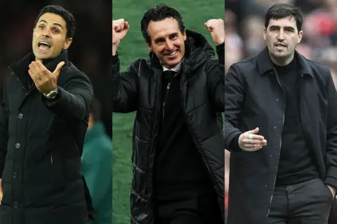 Tres entrenadores vascos en la Premier League: Mikel Arteta, Unai Emery y Xabi Alonso, mostrando su pasión en el campo.