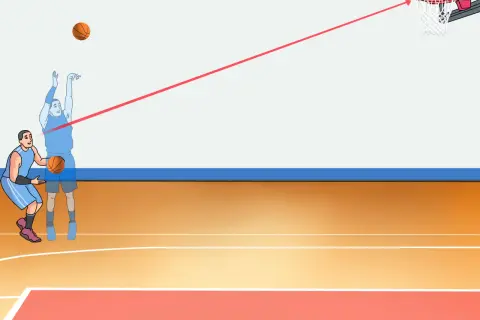 Jugador lanza un triple de baloncesto. La línea roja muestra la trayectoria del balón hacia la canasta.