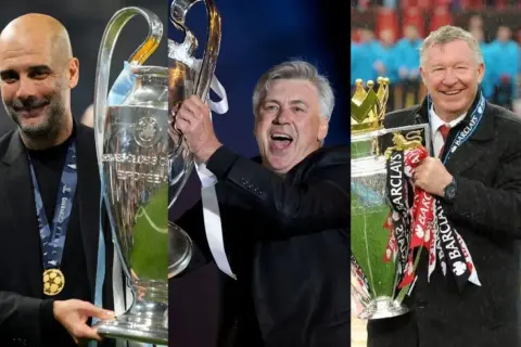 Pep Guardiola, Carlo Ancelotti y Alex Ferguson, tres de los **títulos entrenadores** más laureados del fútbol, celebran sus trofeos.