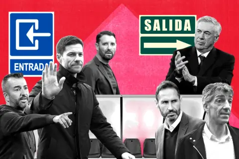 Varios entrenadores actuales, como Xabi Alonso y Carlo Ancelotti, aparecen en esta composición gráfica con señales de entrada y salida.
