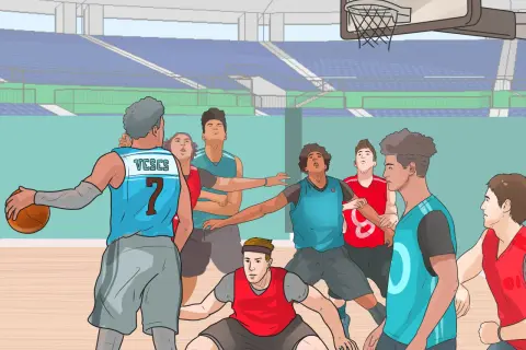 Jugadores en un partido de baloncesto, con uno sosteniendo el balón y otros defendiendo.