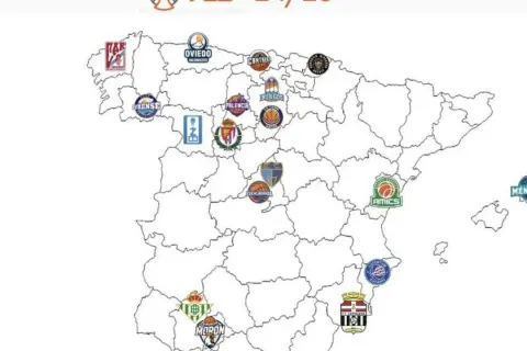 Mapa de España con logos de equipos de la liga LEB Oro, mostrando sus ubicaciones geográficas.