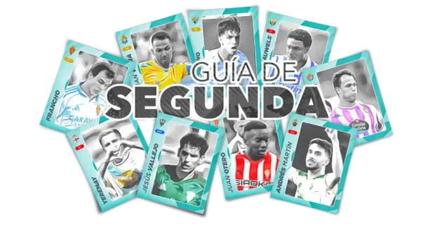 Jugadores de **Spanish football teams** en cartas coleccionables, con el título "Guía de Segunda".