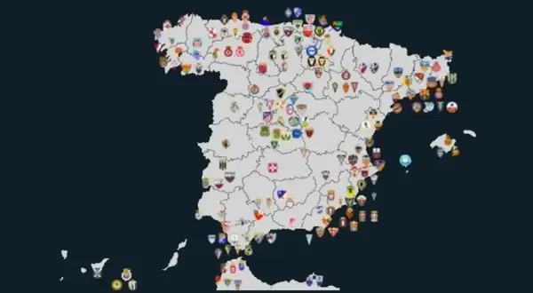 Mapa de España con escudos de equipos de fútbol. ¿Cuántos equipos suben a primera?