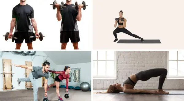 Hombres y mujeres realizando entrenamiento físico con pesas, mancuernas y kettlebells. Ejercicios de fuerza y equilibrio.