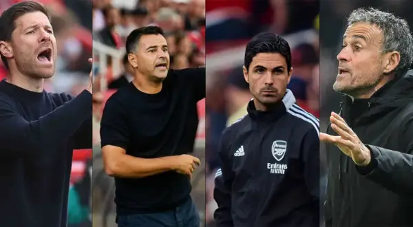 Cuatro entrenadores españoles en el extranjero: Xabi Alonso, Julen Lopetegui, Mikel Arteta y Luis Enrique, dirigiendo a sus equipos.