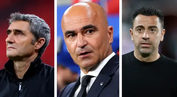 Tres entrenadores sin equipo: Valverde, Roberto Martínez y Xavi Hernández, con miradas pensativas.
