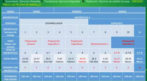 Planificación de macrociclos de entrenamiento: enero a marzo, con fases de preparación general, específica y mantenimiento.