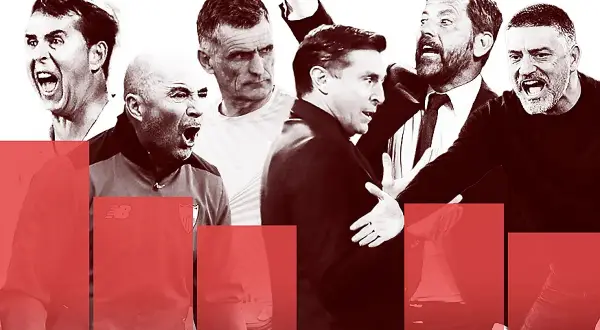 Varios entrenadores del Sevilla FC, con expresiones intensas y gestos apasionados, capturan la emoción del fútbol.