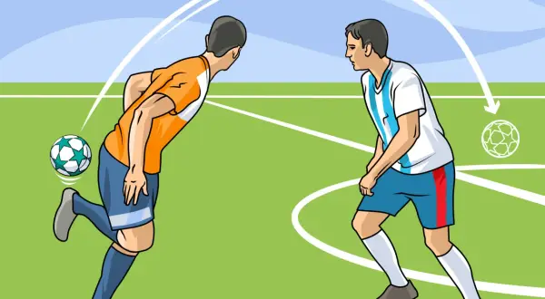 Dos jugadores de fútbol en un campo verde. Uno patea el balón, el otro se prepara para recibirlo. Una guía visual muestra cómo aprender a jugar al fútbol.