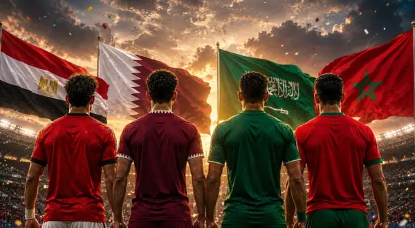 Jugadores de futbol árabe, con las banderas de Egipto, Qatar, Arabia Saudita y Marruecos ondeando al atardecer en un estadio lleno.