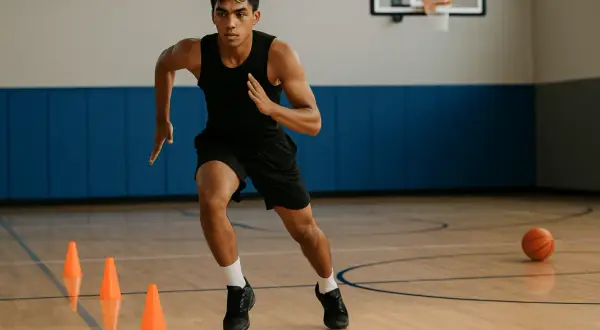 Joven atleta realiza ejercicios de agilidad en cancha de baloncesto, preparándose para la temporada con estiramientos y conos.