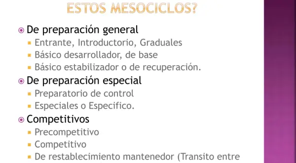 Tipos de microciclos: preparación general (entrante, básico), especial (control, específico) y competitivos (precompetitivo, competitivo, restablecimiento).