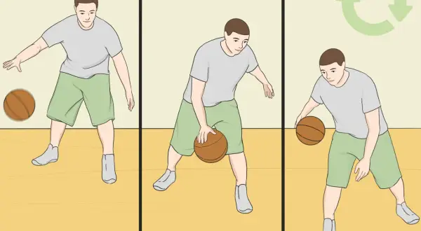 Un jugador practica el rebote baloncesto, mostrando diferentes etapas del dribbling.