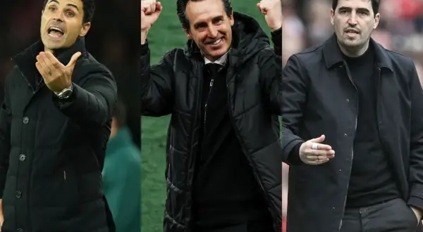 Tres entrenadores vascos en la Premier League: Mikel Arteta, Unai Emery y Xabi Alonso, mostrando su pasión en el campo.