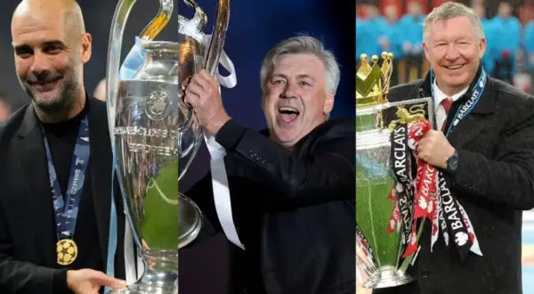 Pep Guardiola, Carlo Ancelotti y Alex Ferguson, tres de los **títulos entrenadores** más laureados del fútbol, celebran sus trofeos.