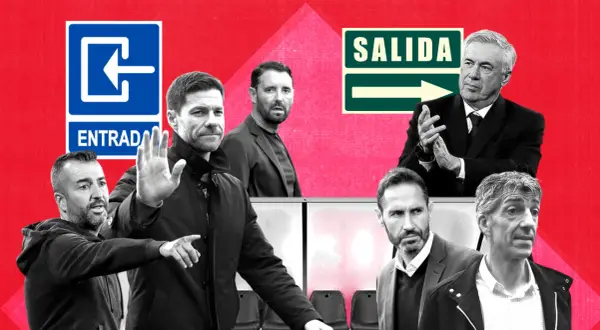 Varios entrenadores actuales, como Xabi Alonso y Carlo Ancelotti, aparecen en esta composición gráfica con señales de entrada y salida.