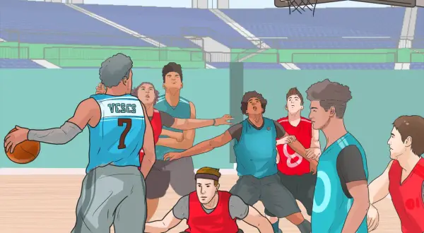 Jugadores en un partido de baloncesto, con uno sosteniendo el balón y otros defendiendo.