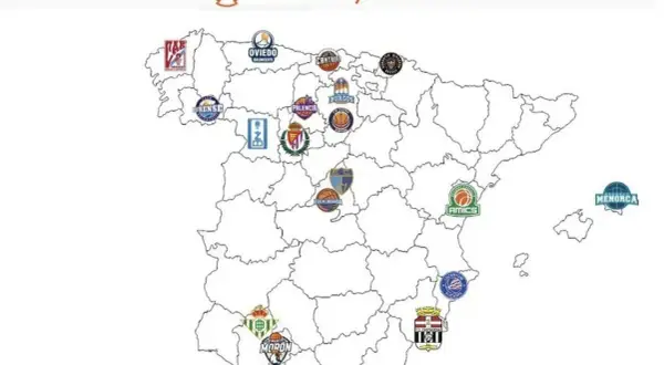 Mapa de España con logos de equipos de la liga LEB Oro, mostrando sus ubicaciones geográficas.
