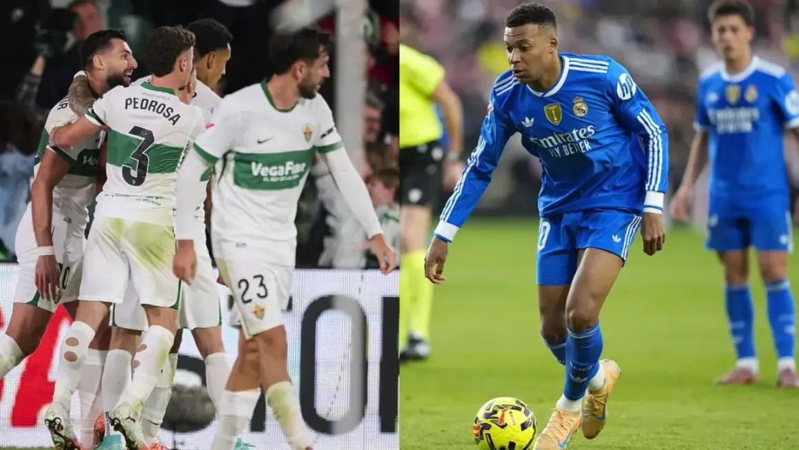 Jugadores del Elche celebran un gol. A la derecha, un jugador del Real Madrid con el balón.