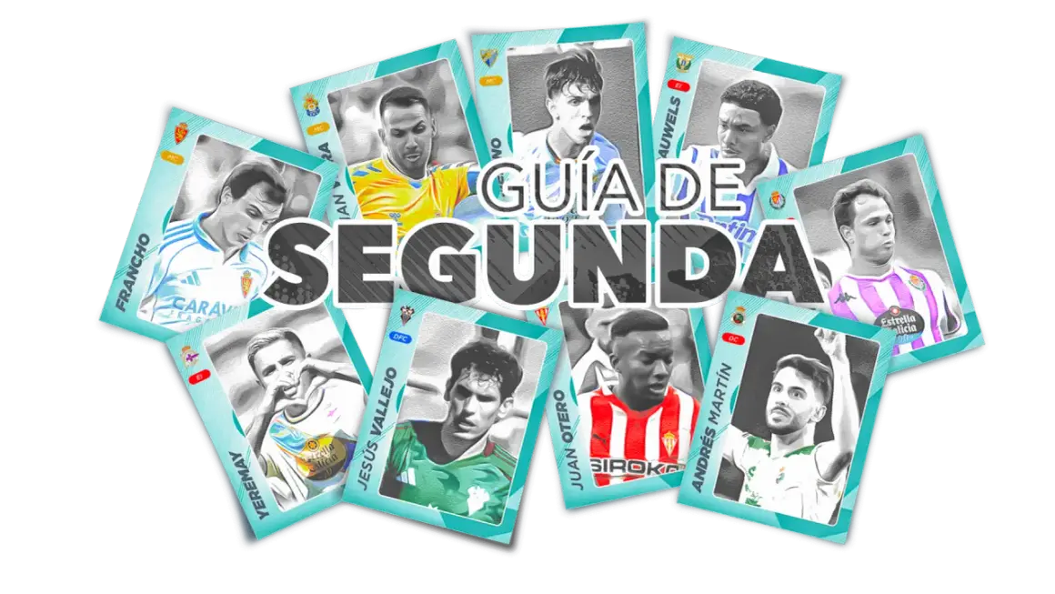 Jugadores de **Spanish football teams** en cartas coleccionables, con el título "Guía de Segunda".
