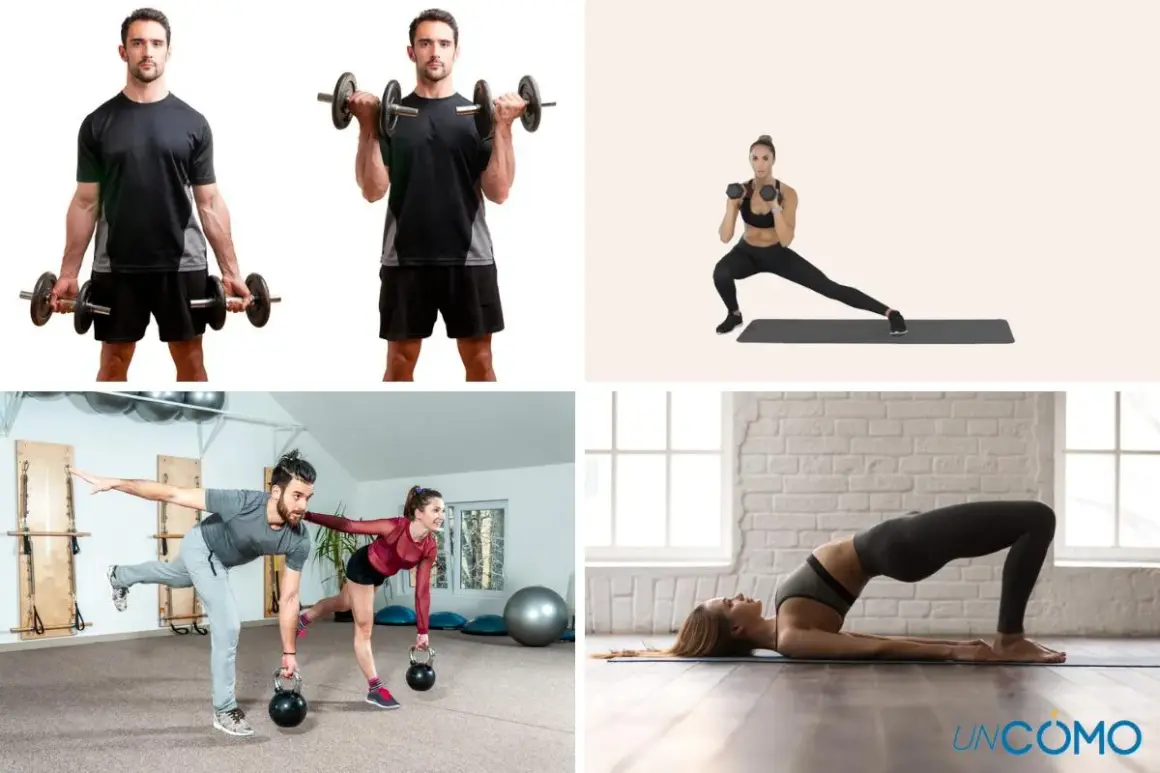 Hombres y mujeres realizando entrenamiento físico con pesas, mancuernas y kettlebells. Ejercicios de fuerza y equilibrio.