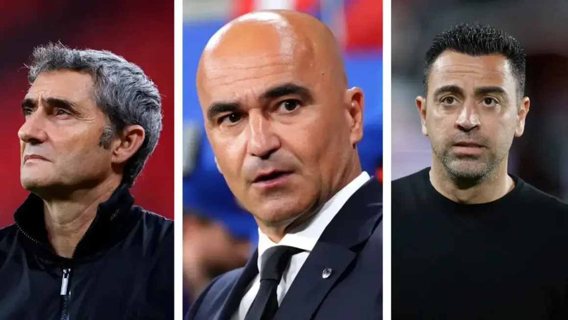 Tres entrenadores sin equipo: Valverde, Roberto Martínez y Xavi Hernández, con miradas pensativas.